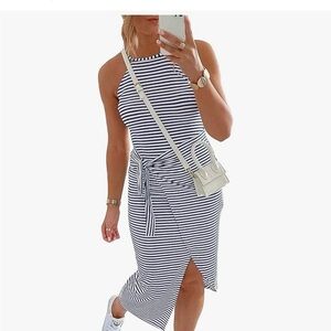 Striped Navy and White Tie-Waist Midi Dress